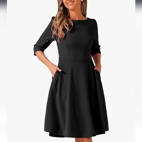 Elegant Black A-Line Dress With Pockets - Picture 1 of 14